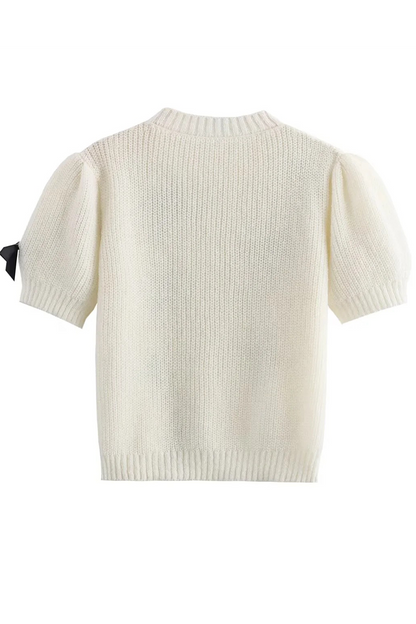 Bow Patchwork Contrast O Neck Sweaters