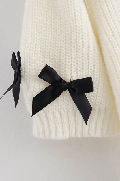 Bow Patchwork Contrast O Neck Sweaters