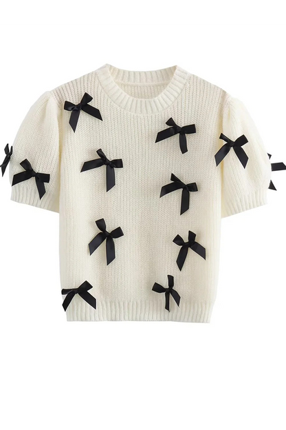 Bow Patchwork Contrast O Neck Sweaters