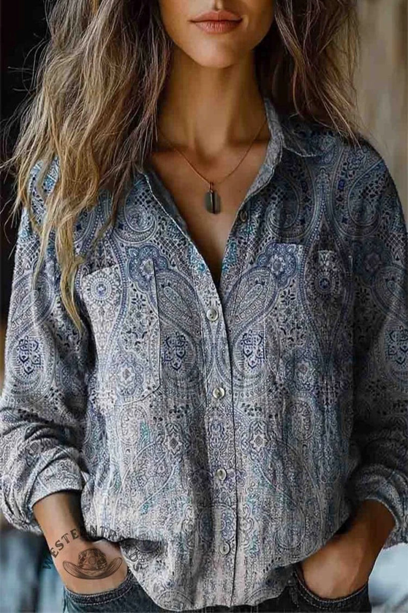 Print Contrast Turndown Collar Blouses(6 Colors)
