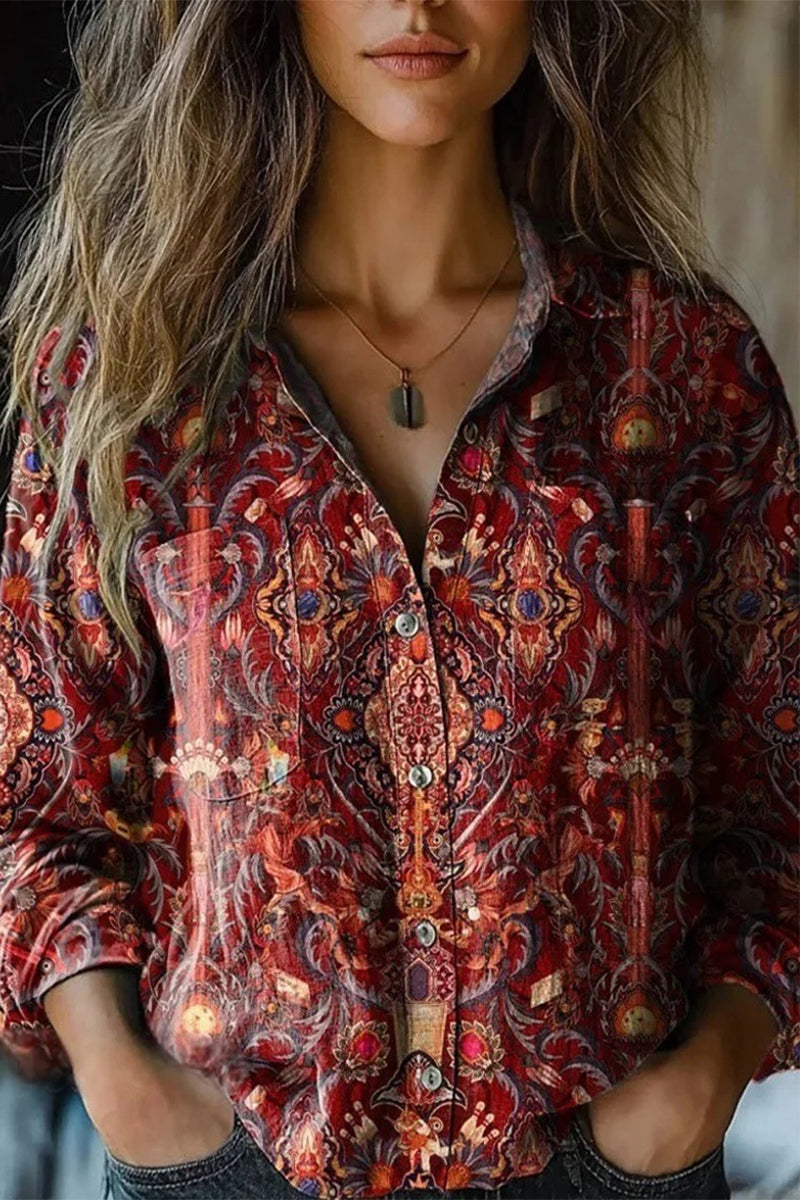 Print Contrast Turndown Collar Blouses(6 Colors)