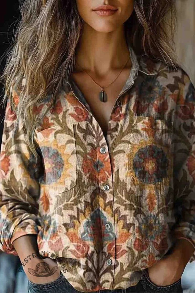Print Contrast Turndown Collar Blouses(6 Colors)
