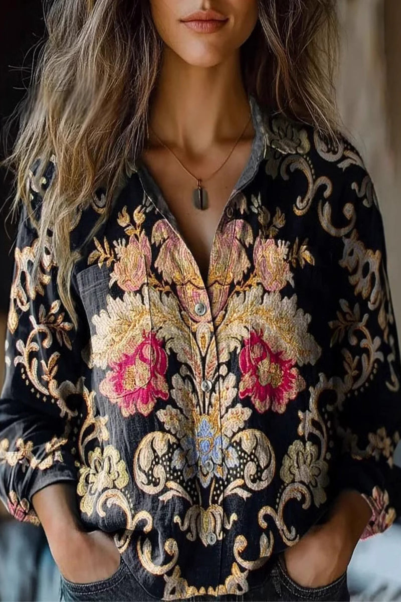 Print Contrast Turndown Collar Blouses(6 Colors)