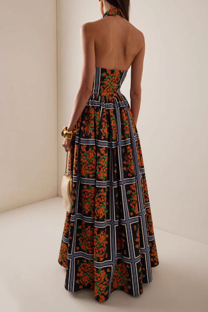 Print Contrast Halter One Step Skirt Dresses