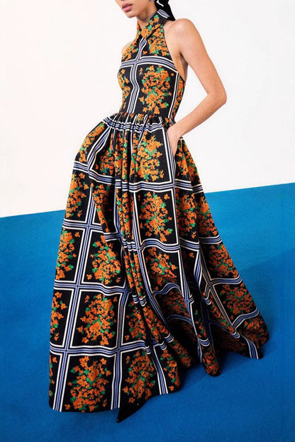 Print Contrast Halter One Step Skirt Dresses
