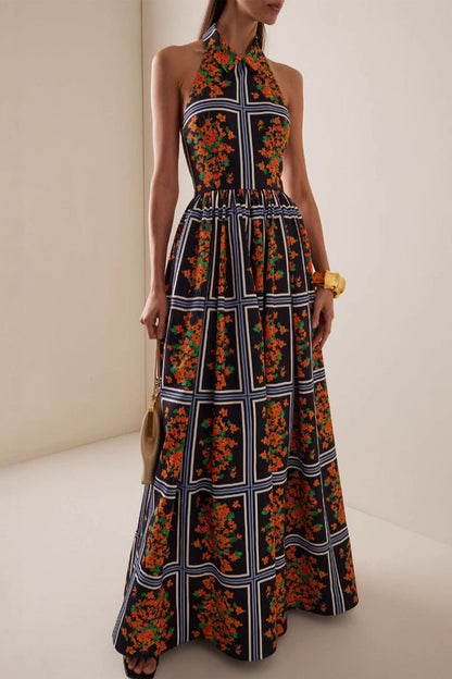 Print Contrast Halter One Step Skirt Dresses