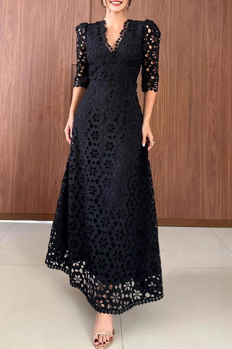 Flowers Hollow Out Zipper V Neck Long Dresses