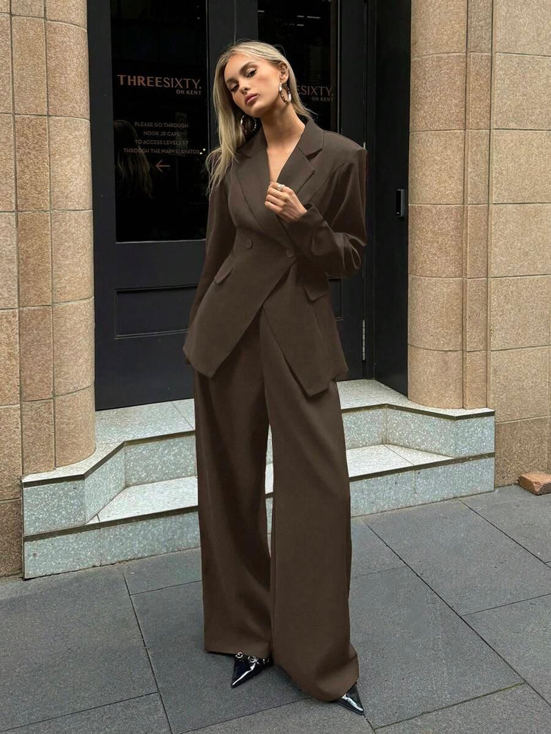 Notched Collar Jacket and Pants Office Suit Coffee Brown