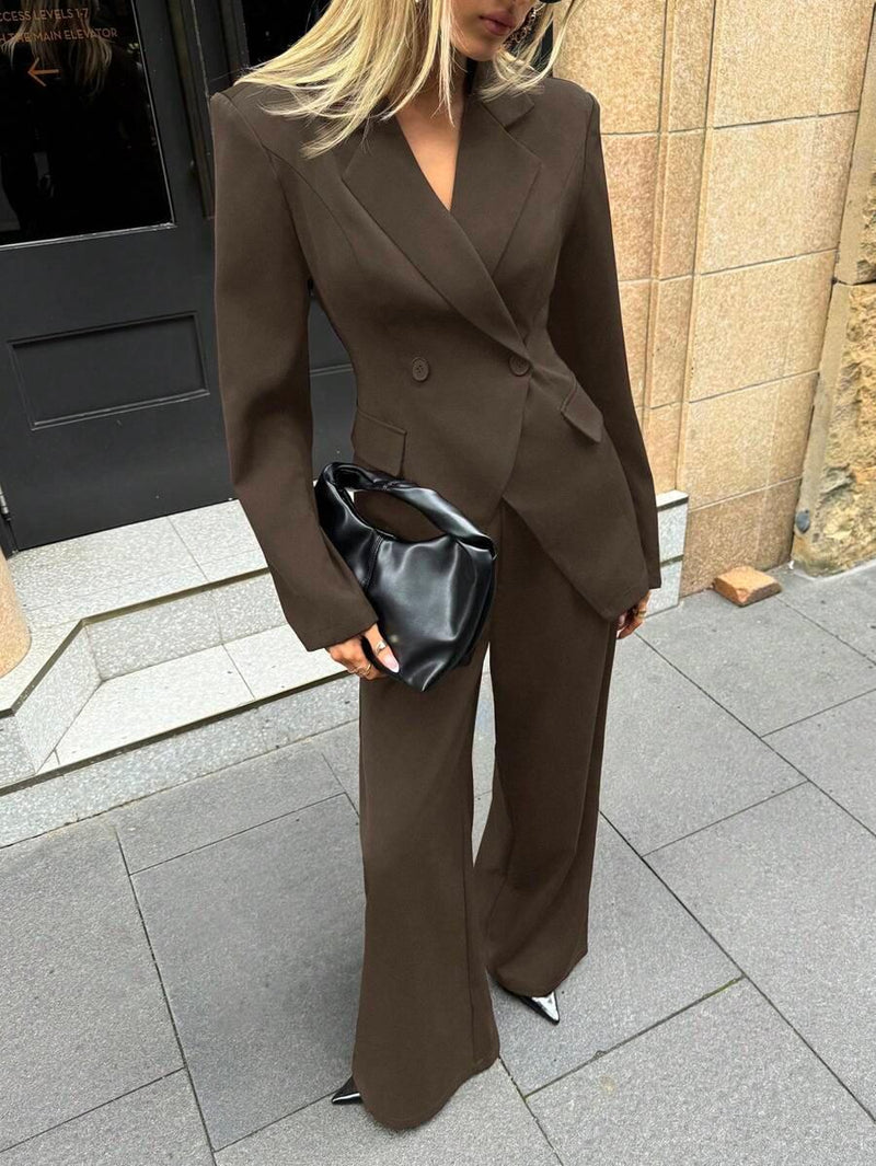 Notched Collar Jacket and Pants Office Suit Coffee Brown
