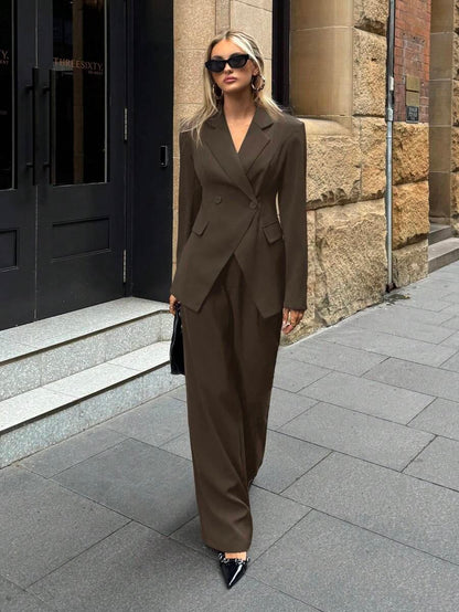 Notched Collar Jacket and Pants Office Suit Coffee Brown