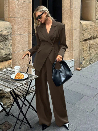 Notched Collar Jacket and Pants Office Suit Coffee Brown
