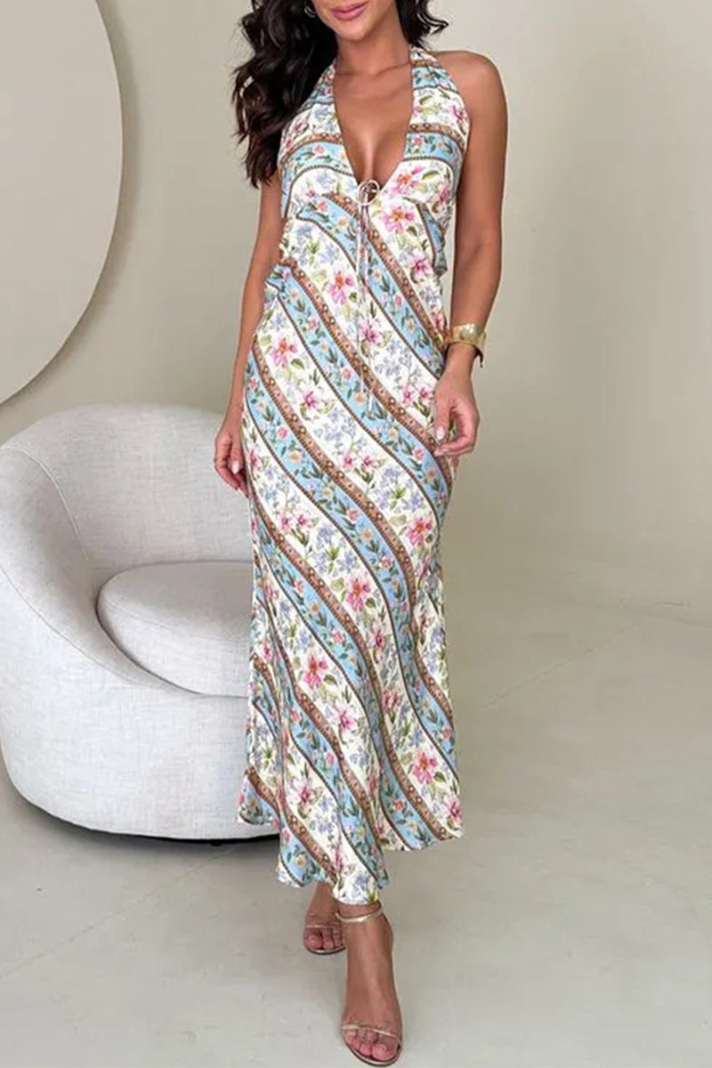 Print Lace Up Backless Contrast Halter One Step Skirt Dresses