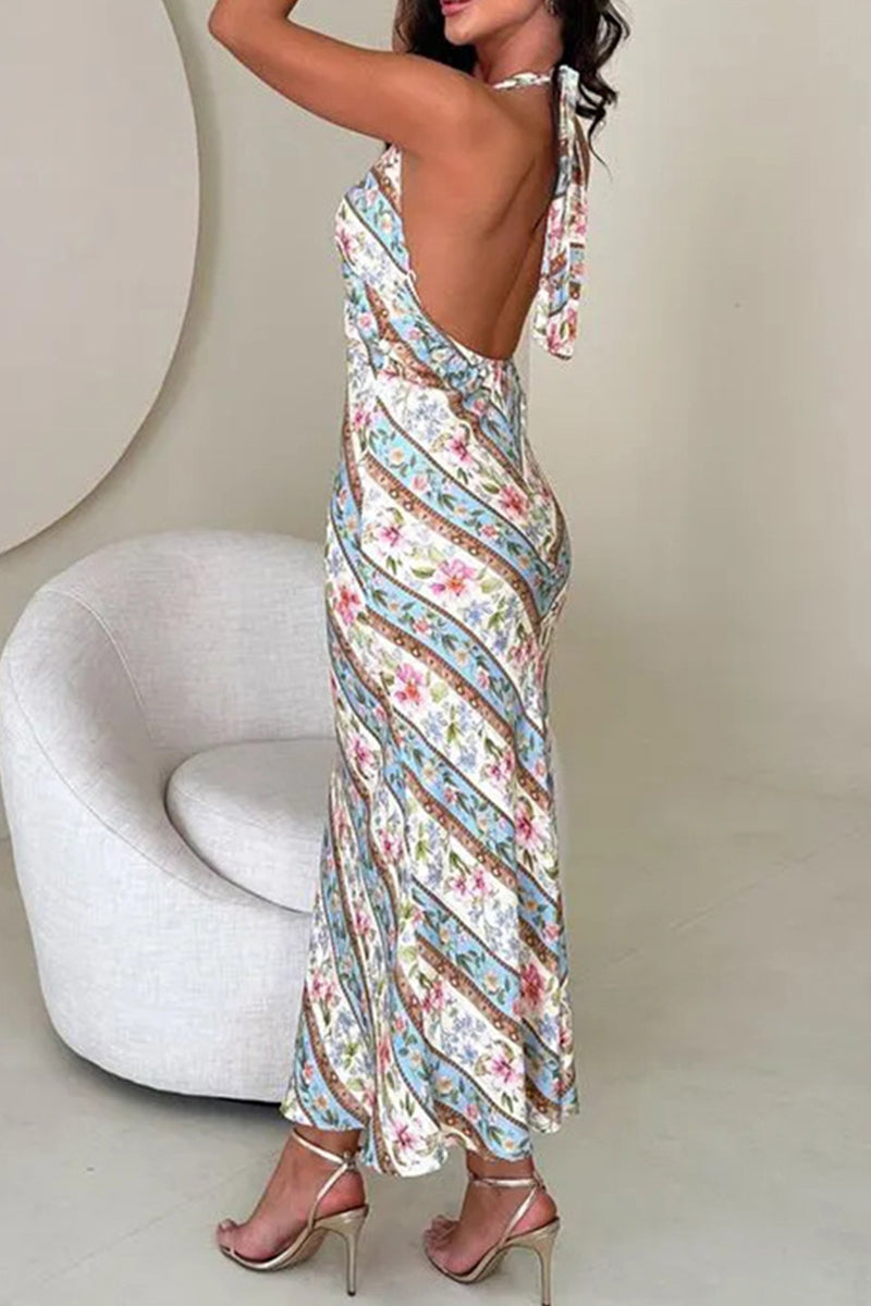 Print Lace Up Backless Contrast Halter One Step Skirt Dresses