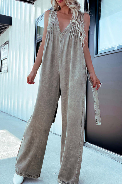 Distressed Pocket Adjustable V Neck Loose Jumpsuits