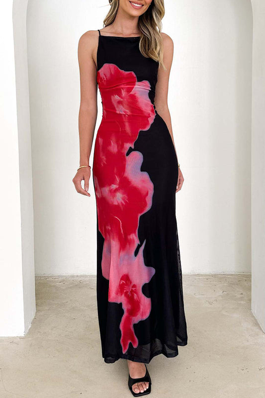 Flowers Backless Contrast Square Neck Long Dresses