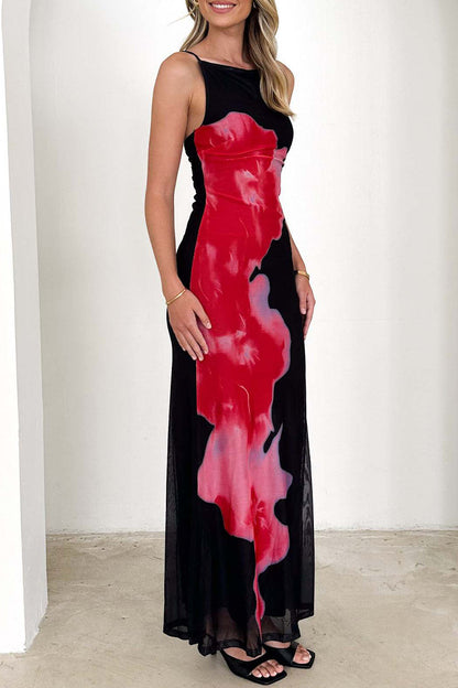Flowers Backless Contrast Square Neck Long Dresses