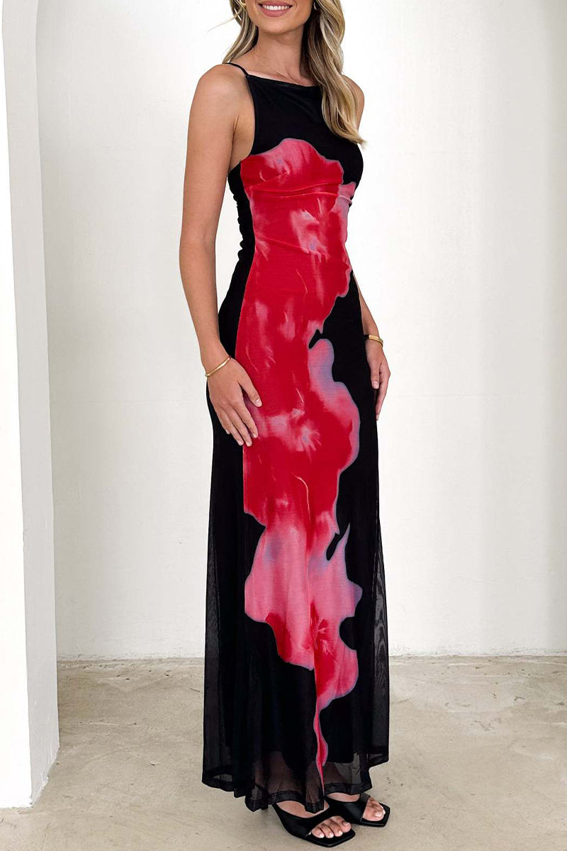 Flowers Backless Contrast Square Neck Long Dresses