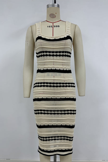 Stripe Weave Contrast U Neck One Step Skirt Dresses