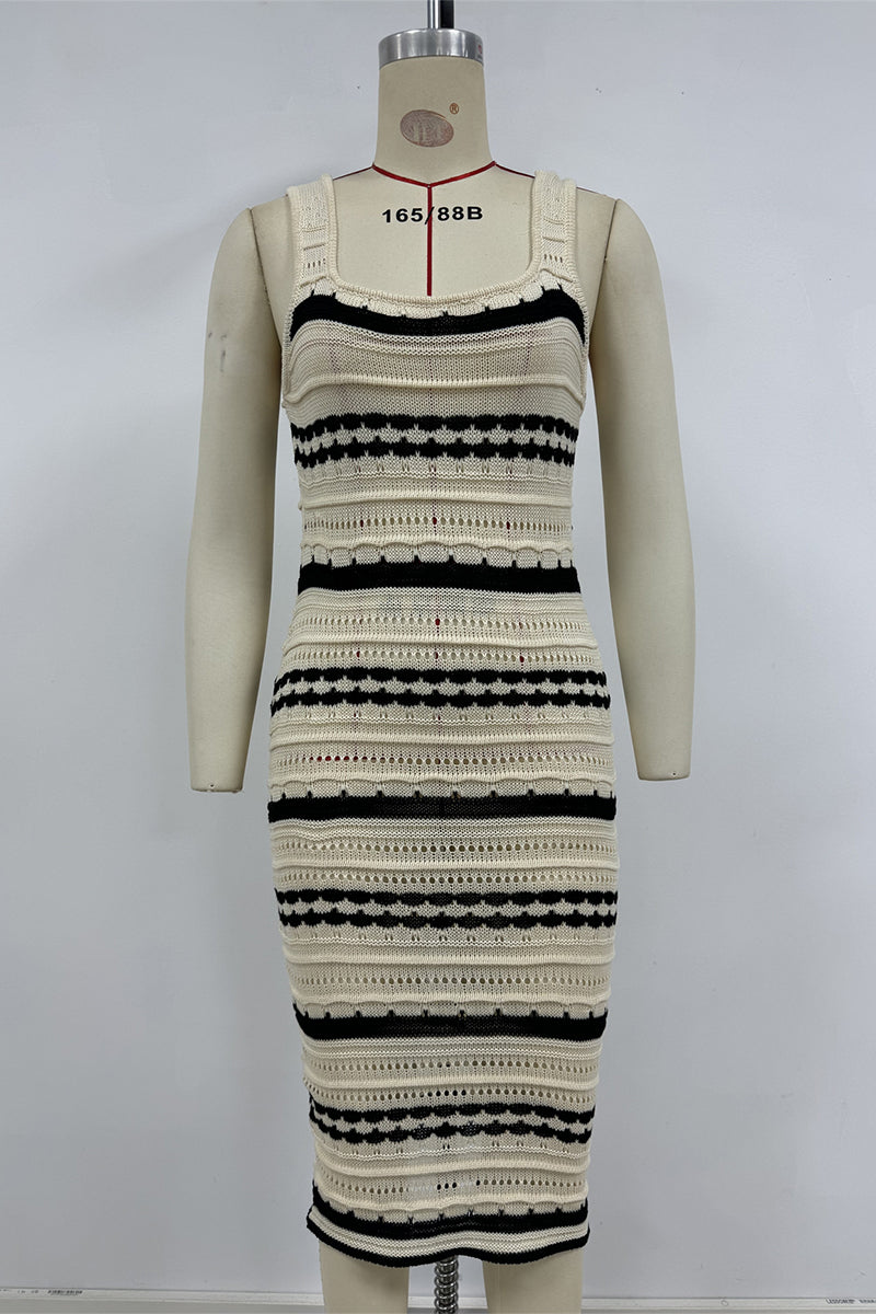 Stripe Weave Contrast U Neck One Step Skirt Dresses