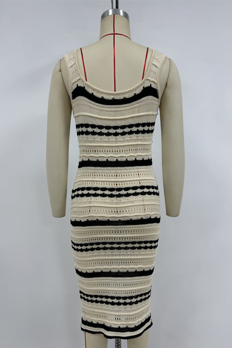 Stripe Weave Contrast U Neck One Step Skirt Dresses