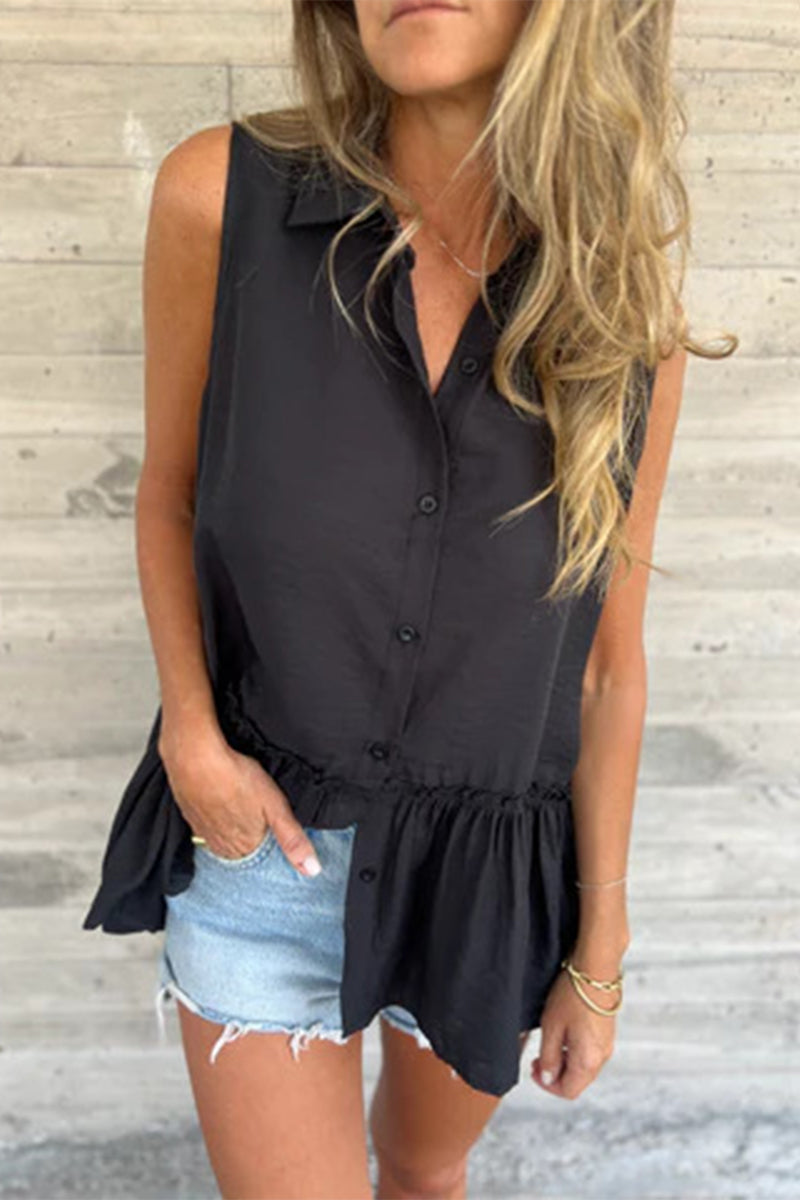 Buttons Pleated Flounce Turndown Collar Blouses(3 Colors)