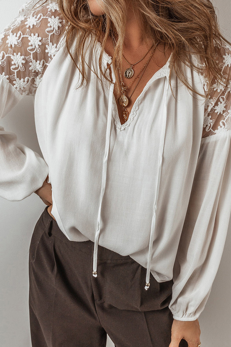 Lace Lace Up Patchwork V Neck Blouses