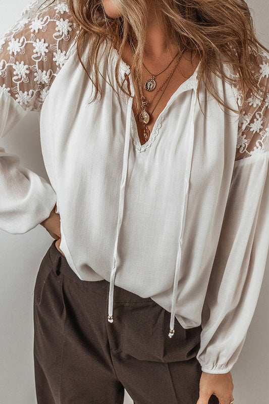 Lace Lace Up Patchwork V Neck Blouses