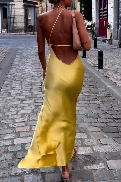Backless Slit Sloping Shoulder Long Dresses