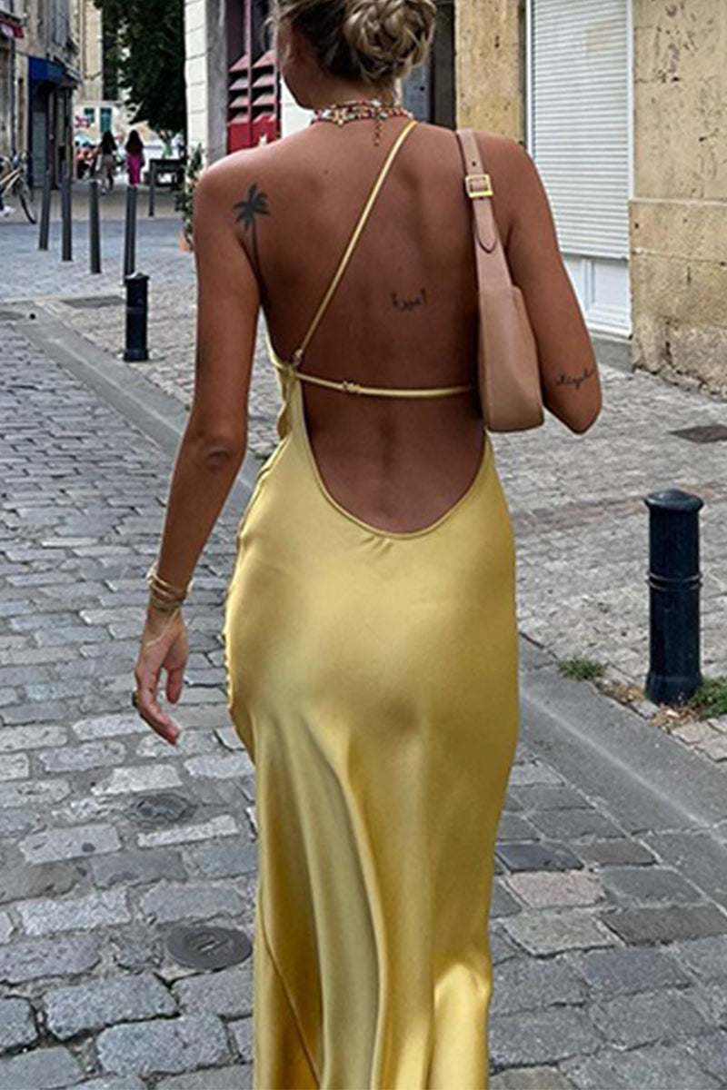 Backless Slit Sloping Shoulder Long Dresses