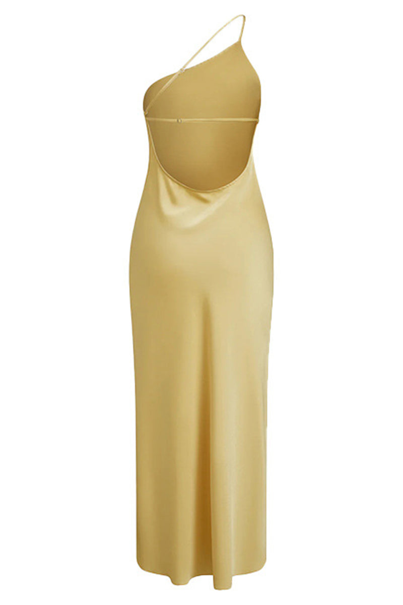 Backless Slit Sloping Shoulder Long Dresses