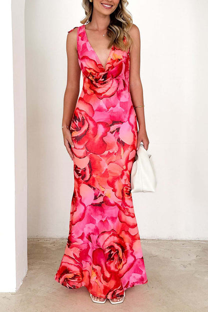 Print Lace Up Backless Contrast V Neck Long Dresses