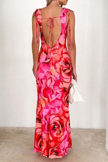 Print Lace Up Backless Contrast V Neck Long Dresses