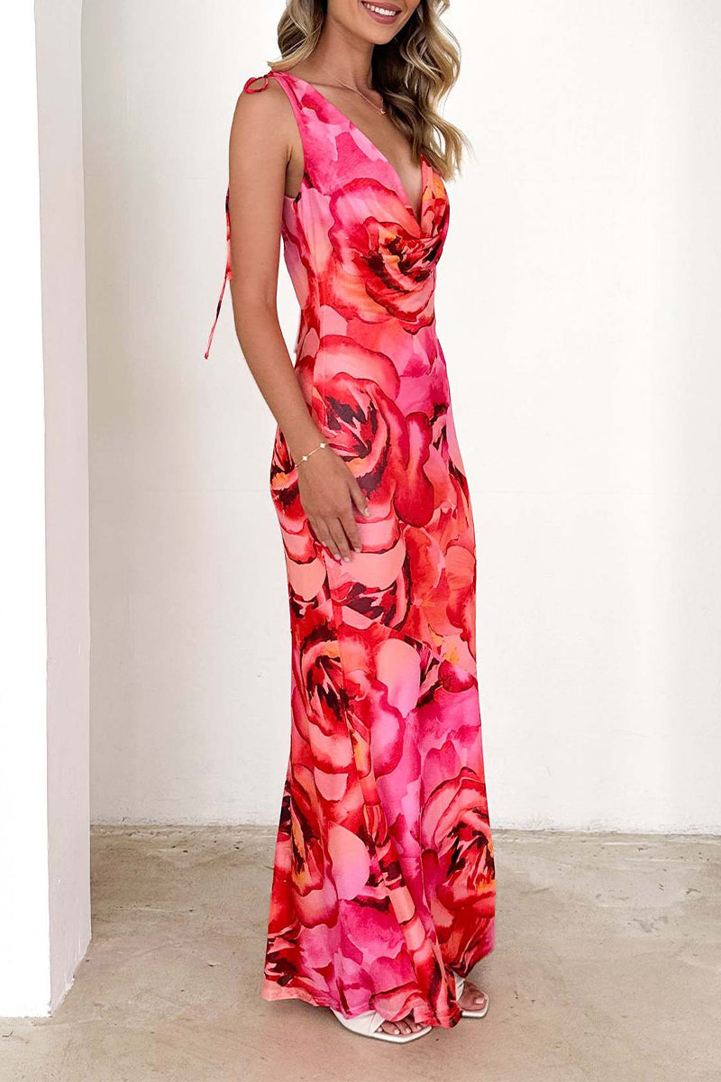 Print Lace Up Backless Contrast V Neck Long Dresses