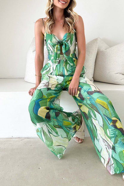 Print Pocket Contrast V Neck Loose Jumpsuits