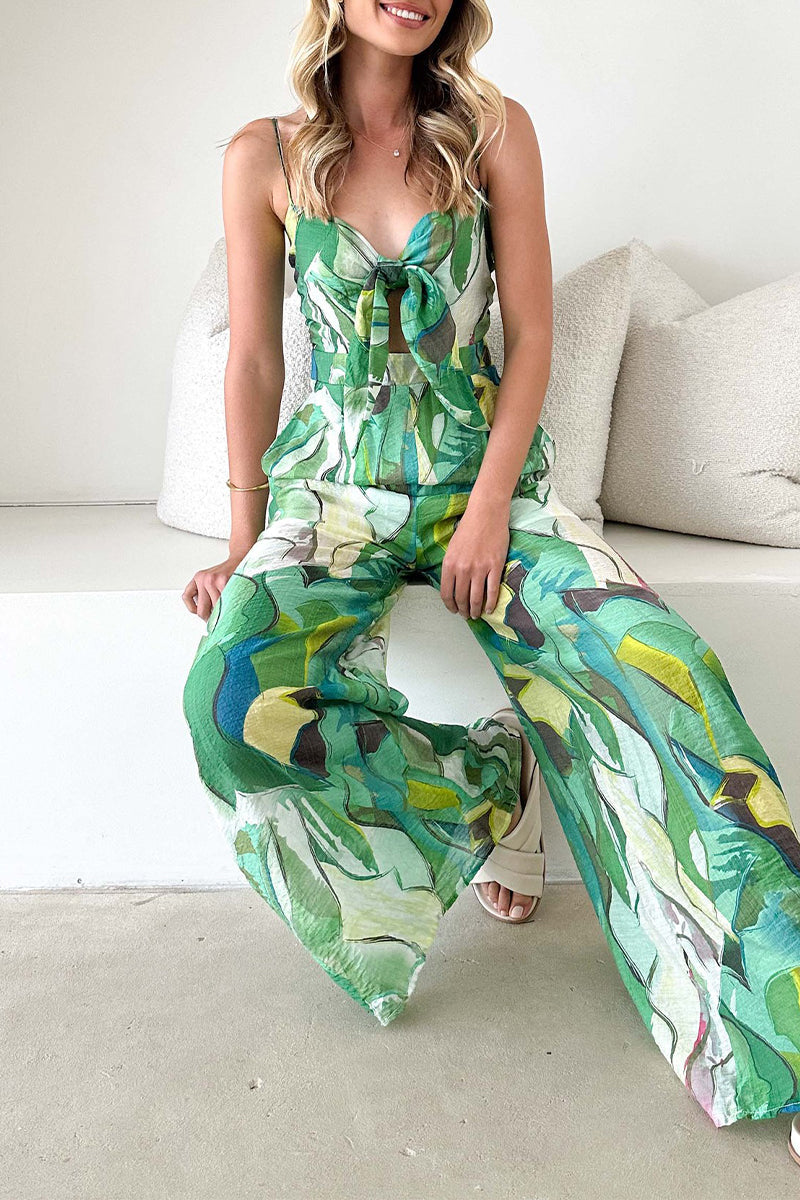 Print Pocket Contrast V Neck Loose Jumpsuits