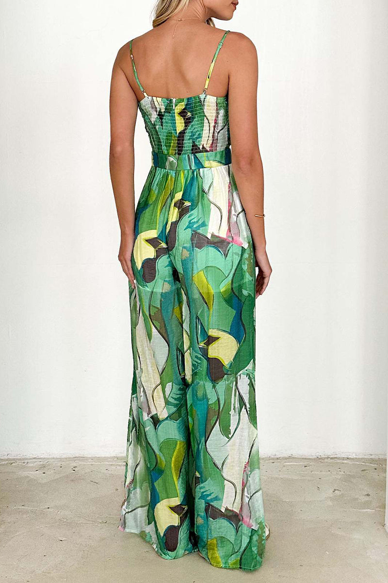 Print Pocket Contrast V Neck Loose Jumpsuits