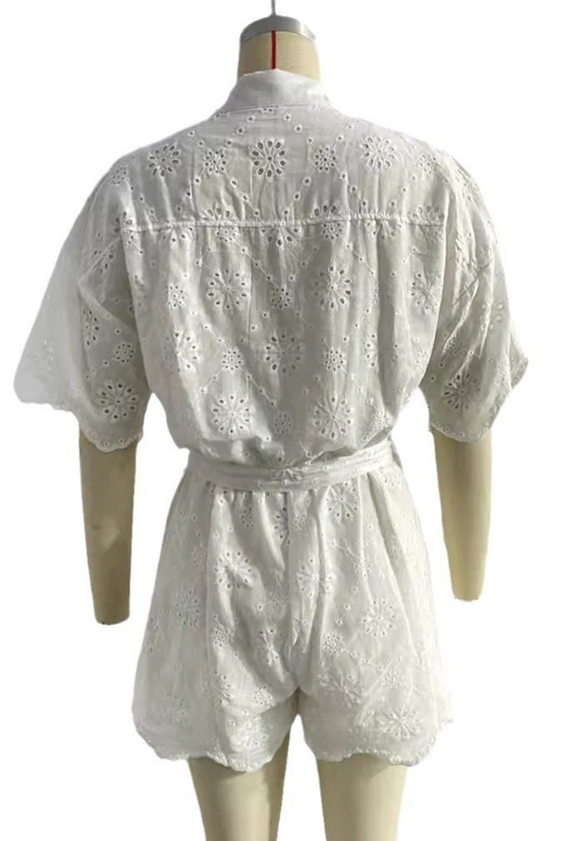 Embroidered Hollow Out Turndown Collar Loose Rompers