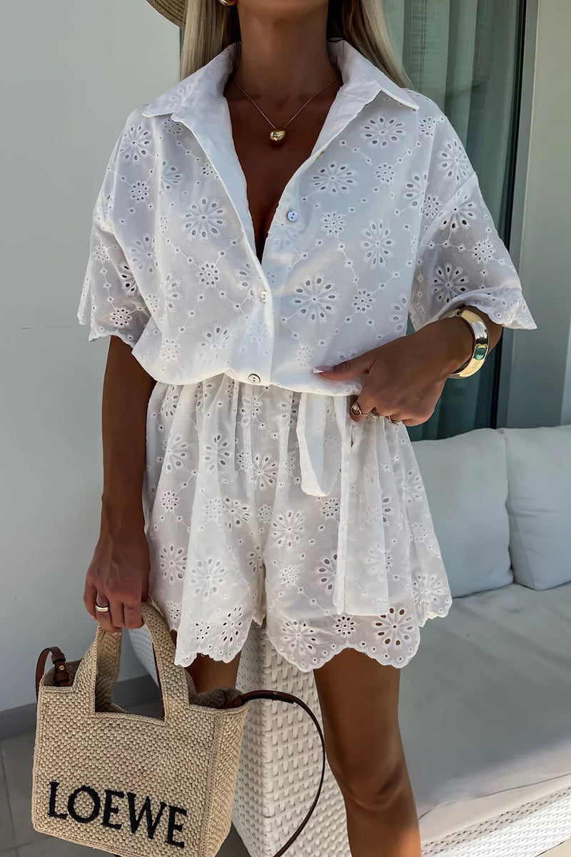 Embroidered Hollow Out Turndown Collar Loose Rompers