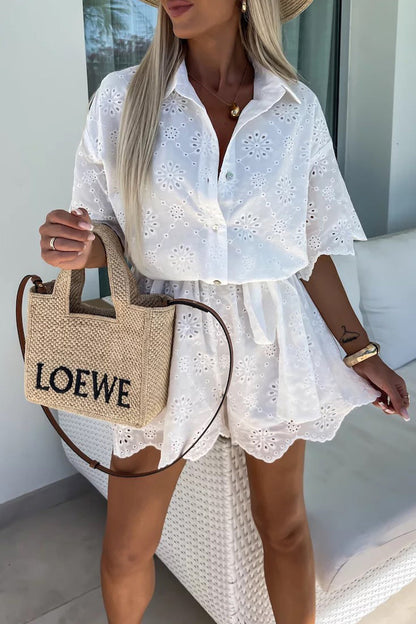 Embroidered Hollow Out Turndown Collar Loose Rompers