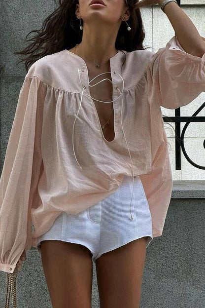 Color Lace Up O Neck Blouses