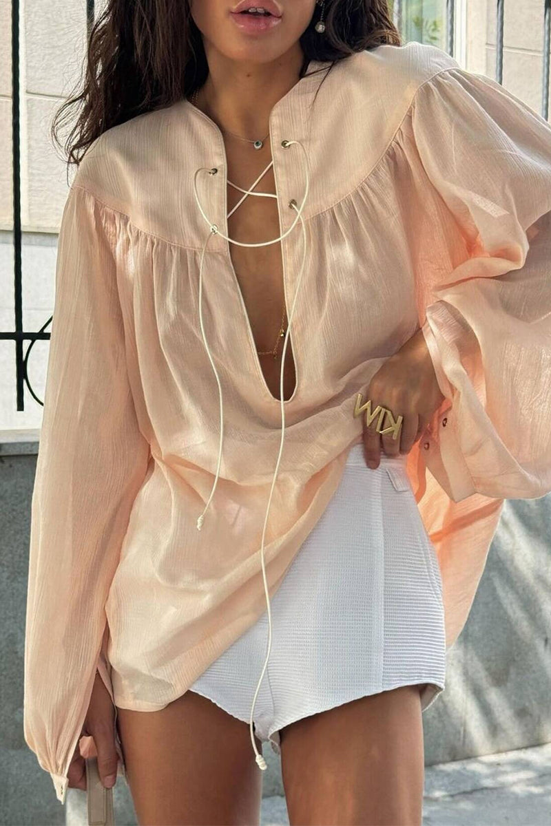 Color Lace Up O Neck Blouses