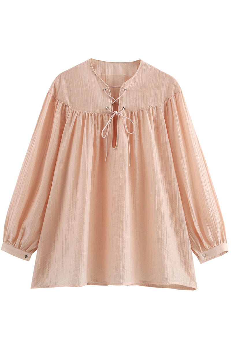 Color Lace Up O Neck Blouses