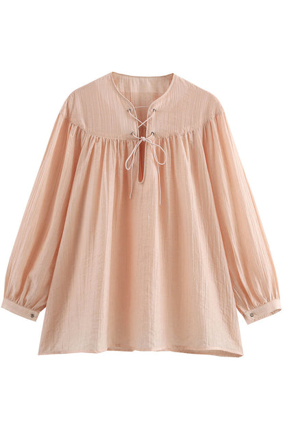 Color Lace Up O Neck Blouses
