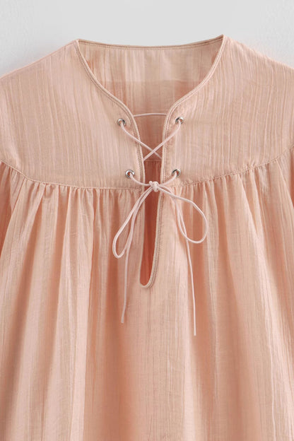 Color Lace Up O Neck Blouses