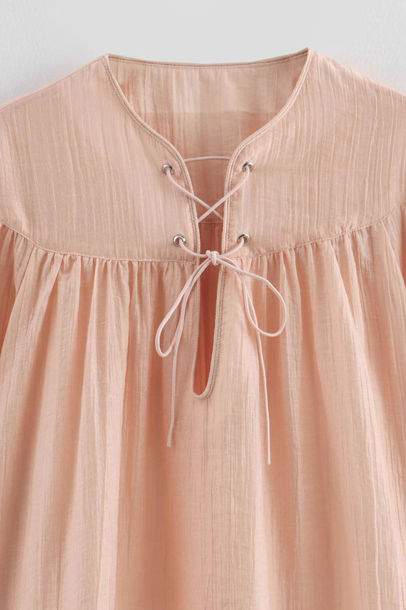 Color Lace Up O Neck Blouses