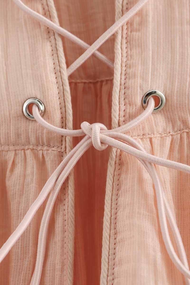 Color Lace Up O Neck Blouses