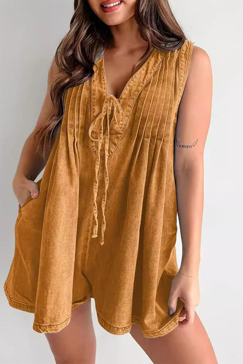 Street Pocket Lace Up V Neck Sleeveless Loose Denim Jumpsuits(9 Colors)