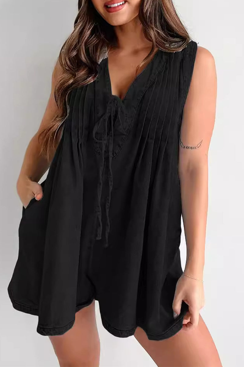 Street Pocket Lace Up V Neck Sleeveless Loose Denim Jumpsuits(9 Colors)