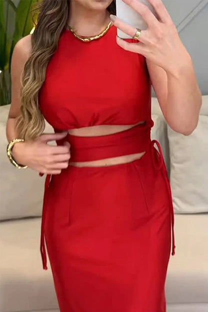 Hollow Out Draw String O Neck One Step Skirt Dresses
