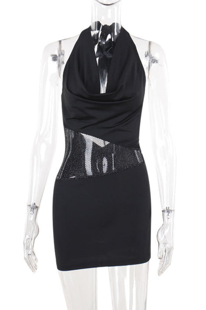 Lace Up Backless Mesh Halter Wrapped Skirt Dresses